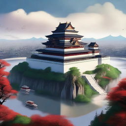 This high-quality digital art image captures a grand imperial palace perched atop a hill, overlooking the sprawling city below