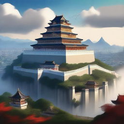 This high-quality digital art image captures a grand imperial palace perched atop a hill, overlooking the sprawling city below