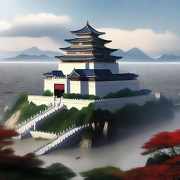 This high-quality digital art image captures a grand imperial palace perched atop a hill, overlooking the sprawling city below