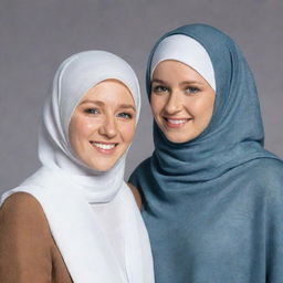 A realistic image of singer Niall Horan standing with a girl wearing a hijab, her face hidden from view. They are happy and sharing a friendly moment.