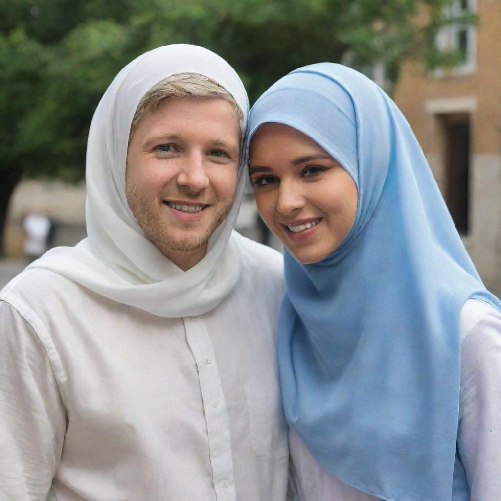 A realistic image of singer Niall Horan standing with a girl wearing a hijab, her face hidden from view. They are happy and sharing a friendly moment.