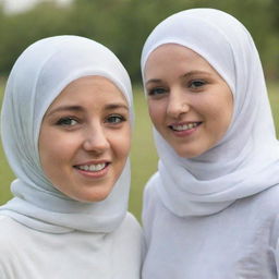 A realistic image of singer Niall Horan standing with a girl wearing a hijab, her face hidden from view. They are happy and sharing a friendly moment.