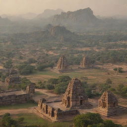 An emotive, morning view of the Kingdom of Hampi with towering mountains, a large, majestic temple, and an intricate cityscape. Include both a panoramic long shot for establishing the scene and an aerial close-up for intricate details.