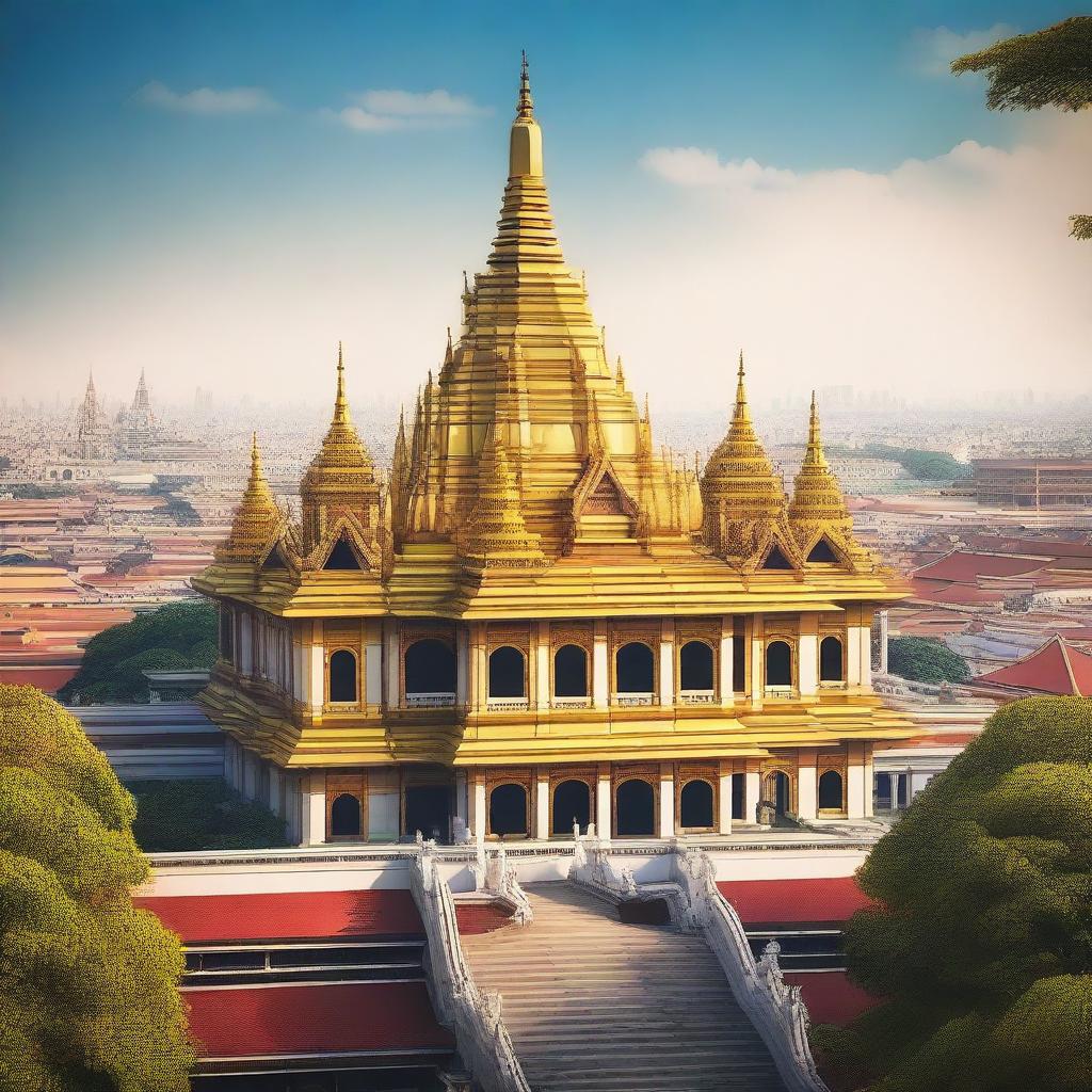 This is a high-quality digital art image showcasing a grand palace in the foreground with a sprawling cityscape in the background