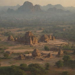 An emotive, morning view of the Kingdom of Hampi with towering mountains, a large, majestic temple, and an intricate cityscape. Include both a panoramic long shot for establishing the scene and an aerial close-up for intricate details.