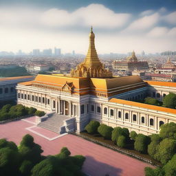 This is a high-quality digital art image showcasing a grand palace in the foreground with a sprawling cityscape in the background