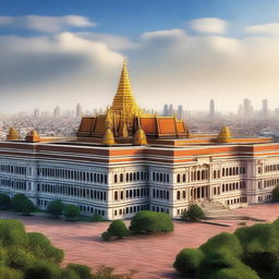 This is a high-quality digital art image showcasing a grand palace in the foreground with a sprawling cityscape in the background