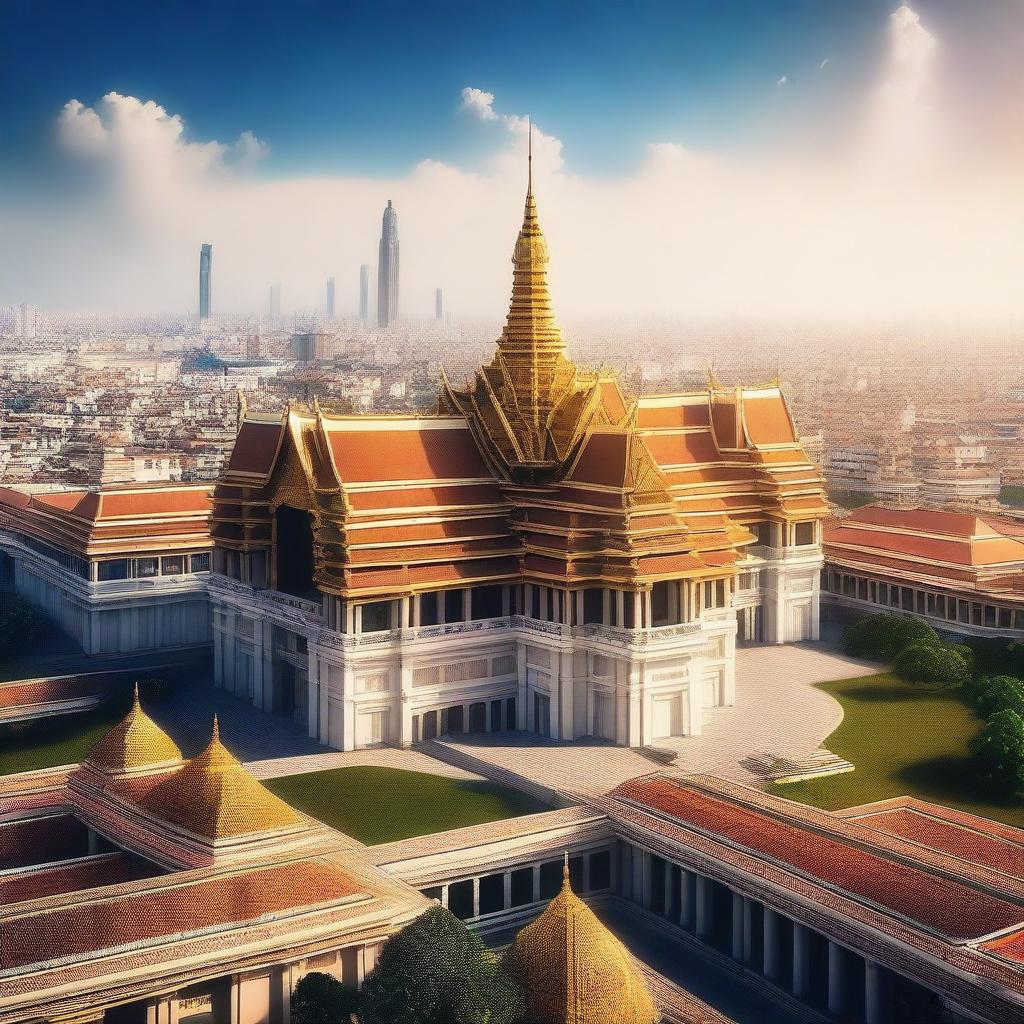 This is a high-quality digital art image showcasing a grand palace in the foreground with a sprawling cityscape in the background