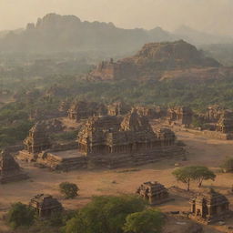 An emotive, morning view of the Kingdom of Hampi with towering mountains, a large, majestic temple, and an intricate cityscape. Include both a panoramic long shot for establishing the scene and an aerial close-up for intricate details.