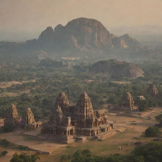 An emotive, morning view of the Kingdom of Hampi with towering mountains, a large, majestic temple, and an intricate cityscape. Include both a panoramic long shot for establishing the scene and an aerial close-up for intricate details.