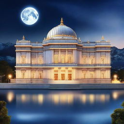 This is a high-quality digital art image, illustrating a grand marble palace positioned at the highest point of a city