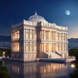 This is a high-quality digital art image, illustrating a grand marble palace positioned at the highest point of a city