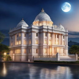 This is a high-quality digital art image, illustrating a grand marble palace positioned at the highest point of a city