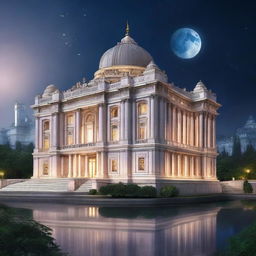 This is a high-quality digital art image, illustrating a grand marble palace positioned at the highest point of a city