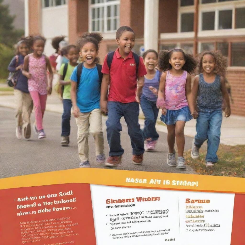 Design an engaging and inviting school open house advertisement, filled with warm colors, representations of a vibrant school environment with kids having fun while learning, and a clear call to action text.