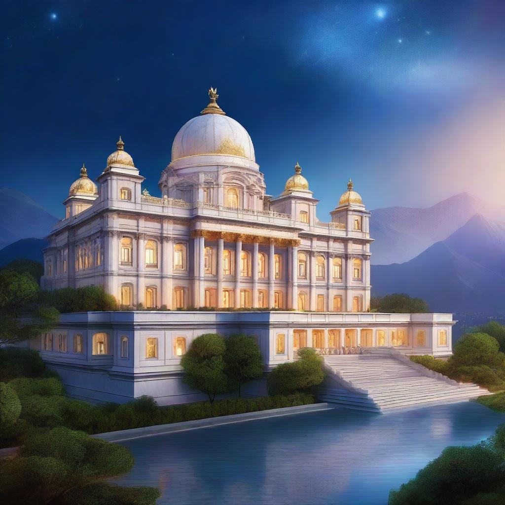 A high-quality digital art image presents a grand marble palace, positioned at the city's highest point