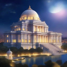 A high-quality digital art image presents a grand marble palace, positioned at the city's highest point