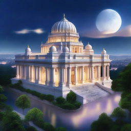 A high-quality digital art image presents a grand marble palace, positioned at the city's highest point