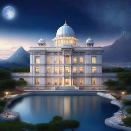 A high-quality digital art image presents a grand marble palace, positioned at the city's highest point