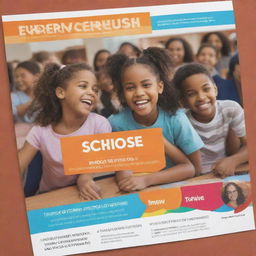 Design an engaging and inviting school open house advertisement, filled with warm colors, representations of a vibrant school environment with kids having fun while learning, and a clear call to action text.