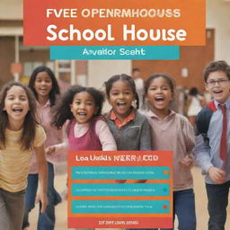 Design an engaging and inviting school open house advertisement, filled with warm colors, representations of a vibrant school environment with kids having fun while learning, and a clear call to action text.