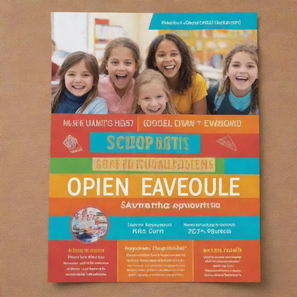 Design an engaging and inviting school open house advertisement, filled with warm colors, representations of a vibrant school environment with kids having fun while learning, and a clear call to action text.