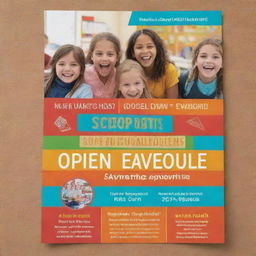 Design an engaging and inviting school open house advertisement, filled with warm colors, representations of a vibrant school environment with kids having fun while learning, and a clear call to action text.