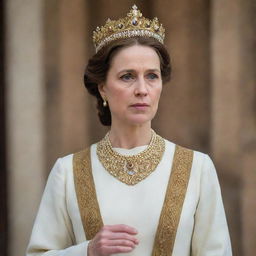 A humble woman in simple clothes, engaging in poignant discussion about the king. Her earnest facial expressions reveal her keen insights and deep regard for the ruler.