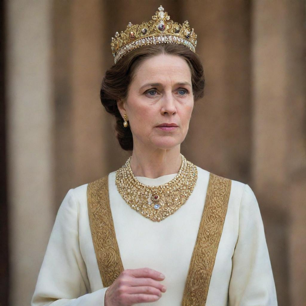 A humble woman in simple clothes, engaging in poignant discussion about the king. Her earnest facial expressions reveal her keen insights and deep regard for the ruler.