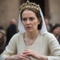 A humble woman in simple clothes, engaging in poignant discussion about the king. Her earnest facial expressions reveal her keen insights and deep regard for the ruler.