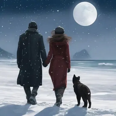 As the snow fell softly, he pulled the watch cap snugly over his head and held her hand, walking along the moonlit beach.