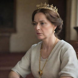 A humble woman in simple clothes, engaging in poignant discussion about the king. Her earnest facial expressions reveal her keen insights and deep regard for the ruler.