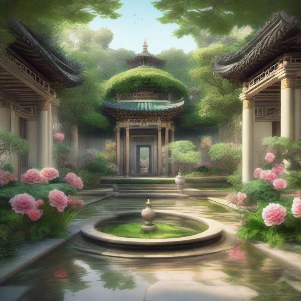 A high-quality digital art piece showcasing a grand imperial garden