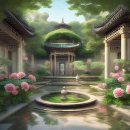 A high-quality digital art piece showcasing a grand imperial garden