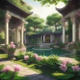 A high-quality digital art piece showcasing a grand imperial garden