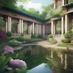 A high-quality digital art piece showcasing a grand imperial garden