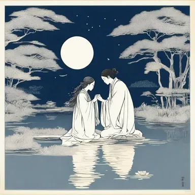 The two salientian lovers met under the moonlit pond and shared a tender moment.
