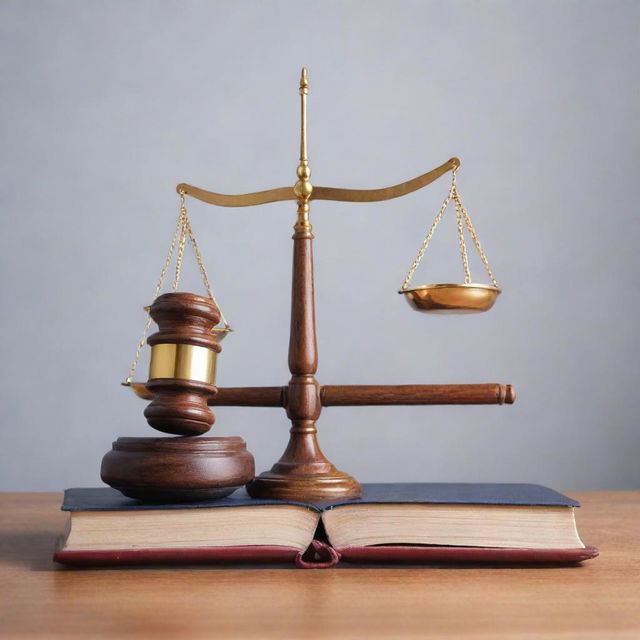 Symbolic representation of corporate law consisting of a scale balancing a company building and a law book with an authoritative gavel in the middle