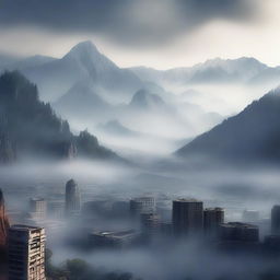 This is a high-quality digital art piece depicting a city nestled between towering mountains