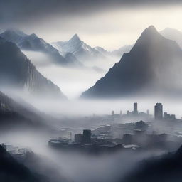 This is a high-quality digital art piece depicting a city nestled between towering mountains