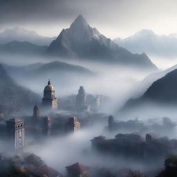 This is a high-quality digital art piece depicting a city nestled between towering mountains