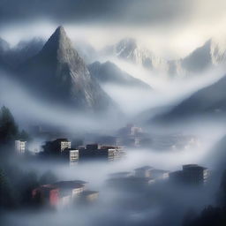 This is a high-quality digital art piece depicting a city nestled between towering mountains