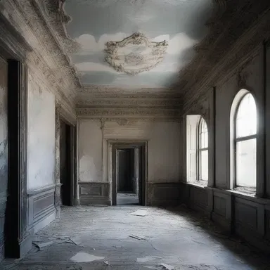 As she stepped into the abandoned mansion, she was greeted by eerie marbleizing on the walls, adding to the sense of foreboding.
