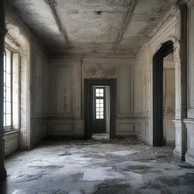 As she stepped into the abandoned mansion, she was greeted by eerie marbleizing on the walls, adding to the sense of foreboding.