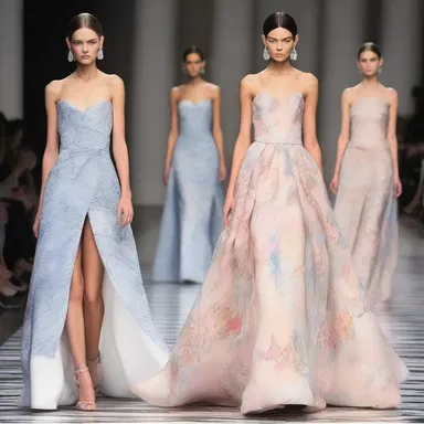 The fashion show showcased a stunning collection of couture dresses with marbleizing patterns, adding a touch of opulence to the designs.