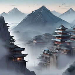 This digital art piece, in the style of a high-quality manga, portrays a city nestled between tall mountains