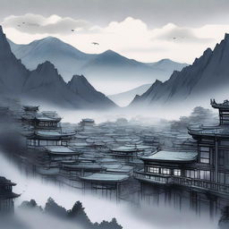 This digital art piece, in the style of a high-quality manga, portrays a city nestled between tall mountains