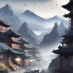 This digital art piece, in the style of a high-quality manga, portrays a city nestled between tall mountains