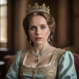 A modestly dressed woman, deeply engrossed in the discussion about the king. Her expressive eyes mirror her sincere feelings towards the sovereign.