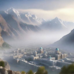 A high-quality digital art representation of a Tajik city nestled between towering mountains